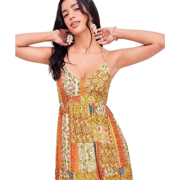 NWT Cider Woven V-Neck Halter Floral Patch Maxi Dress Sz 6 - Picture 2 of 9